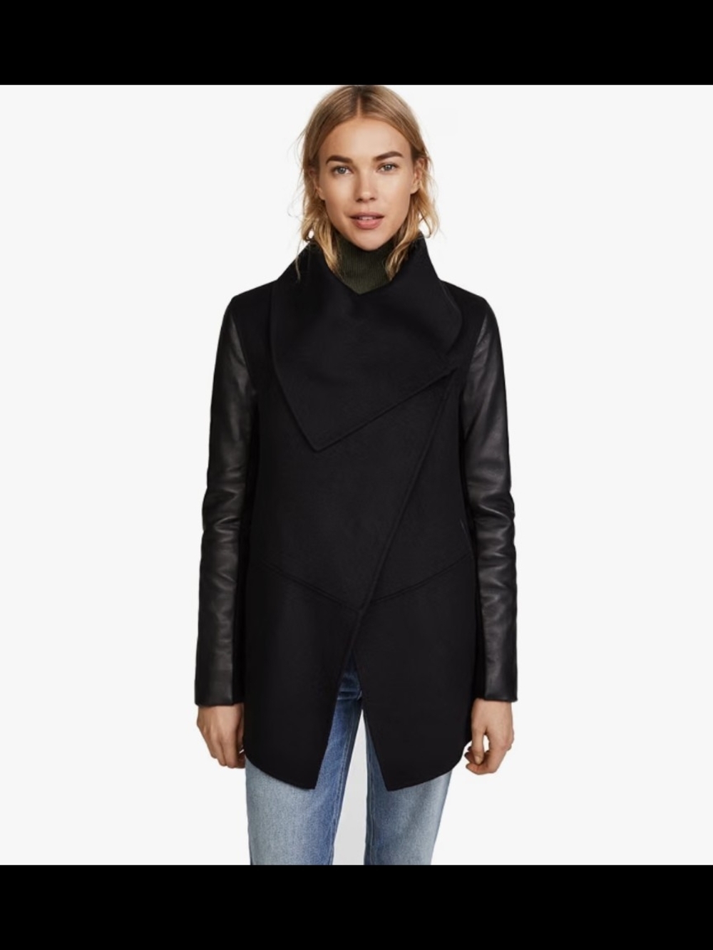 Mackage Wool-Blend Black Asymmetric Coat with Leather Sleeves